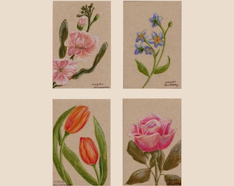 Custom Original Flower Drawing - Mini Size 2.5" x 3.75" with mat - Marker & Colored Pencil