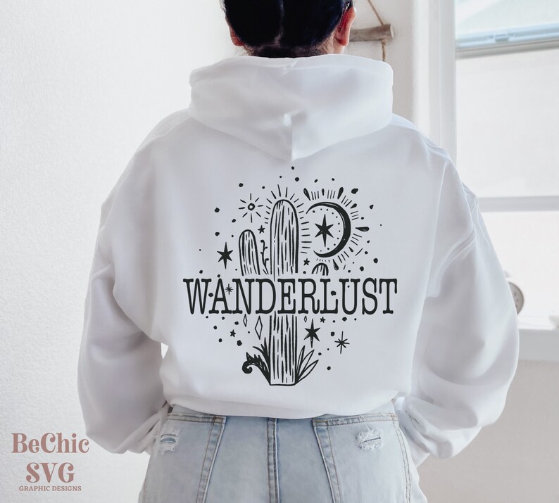 May include: White hoodie with a black cactus graphic and the word "WANDERLUST" printed on the back.