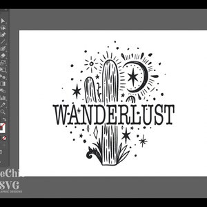 May include: Black and white illustration of a cactus with stars, a crescent moon, and the word "WANDERLUST" in a stylized font.