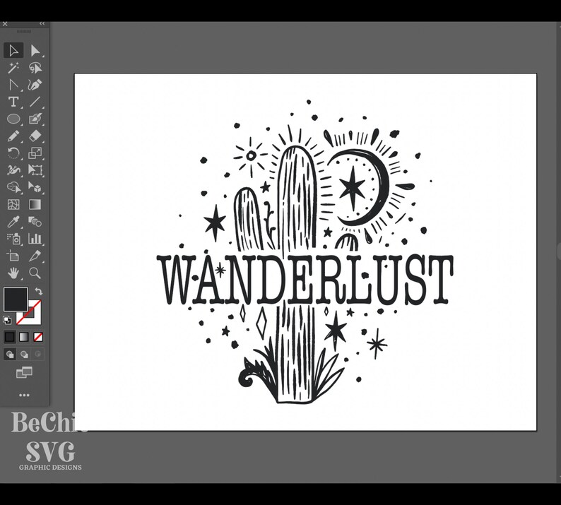May include: Black and white illustration of a cactus with stars, a crescent moon, and the word "WANDERLUST" in a stylized font.