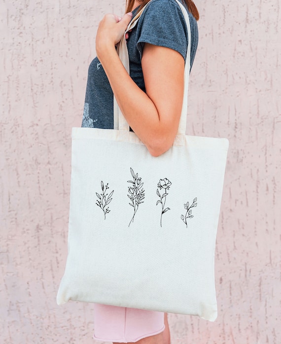 Floral Canvas Tote Bag Women's Wildflower Tote Reusable Grocery Bags