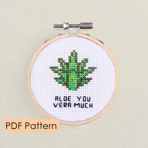 Aloe Vera cross stitch pattern PDF Download - aloe pun - easy cross stitch pattern - greeting card - plant embroidery - i love you