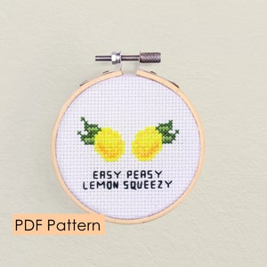 Easy peasy lemon squeezy cross stitch pattern -  easy cross stitch - PDF Instant Download - funny pun lemon - beginner cross stitch - citrus