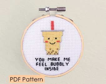 Bubble Tea Cross stitch pattern - Instant Download - bubble tea boba- handmade greeting - funny sweet - milk tea puns - love - cute gift