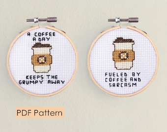 Coffee cross stitch pattern - PDF Instant Download - coffee cup - caffeine lover - fueled by coffee and sarcasm - funny cross stitch - pun