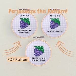 Grapes Cross stitch pattern PDF bundle - Customized Name - PDF Download - grateful greeting - pun funny pattern - small grapes - fruit