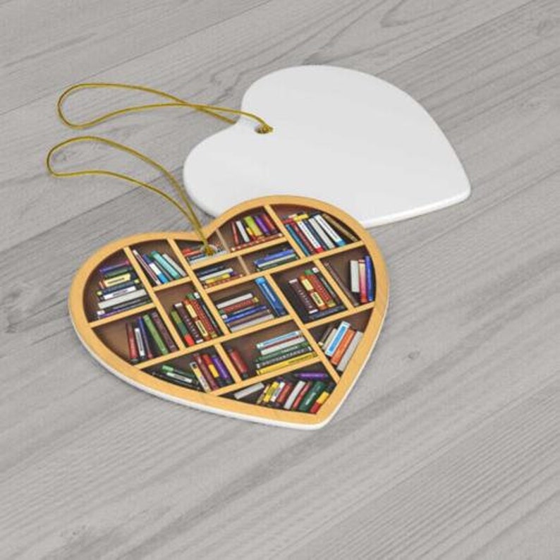 WAOTIER Book Lovers Heart Shaped Bookcase Christmas Wooden Ornament 2D Flat Reading Tree Decor Gifts Bookworm Librarian Car Accessories