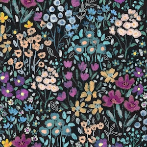 May include: A floral pattern featuring a variety of colorful flowers on a black background. The flowers include shades of purple, yellow, peach, and blue, with white accents. The design has a watercolor-like appearance.