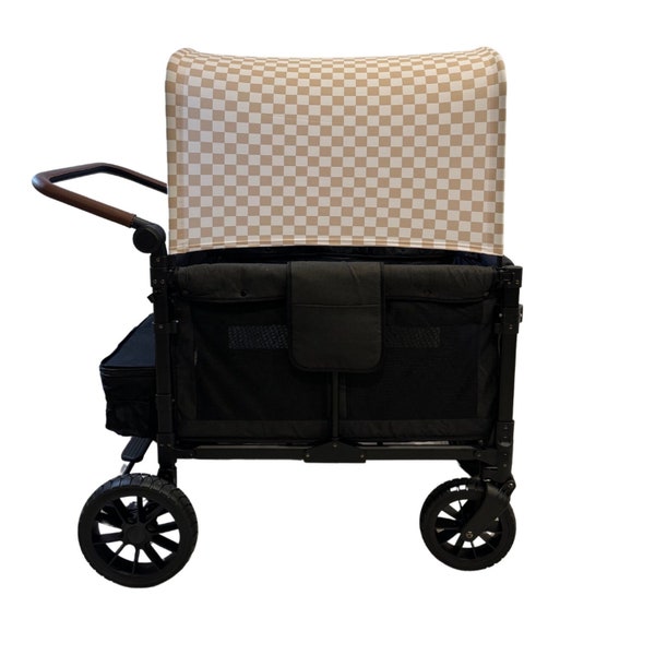 Klaar voor verzending van beige en witte geruite luifel voor Wonderfold Joymor Rainbow Baby Wagons