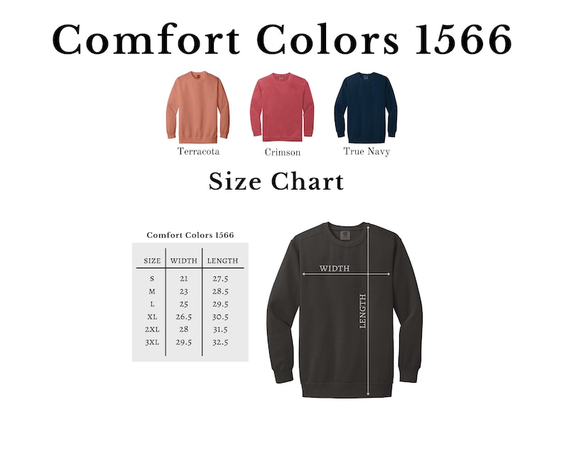 K&ouml;nnte beinhalten: Gr&ouml;&szlig;entabelle f&uuml;r Comfort Colors 1566 Sweatshirts. Die Tabelle zeigt die Breite und L&auml;nge in Zoll f&uuml;r die Gr&ouml;&szlig;en S bis 3XL. Die gezeigten Farben sind Terrakotta, Crimson und True Navy.