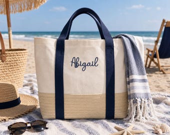 Personalized Bow Monogram Beach Tote | Embroidered Canvas Straw Bag, Bridesmaid Gift