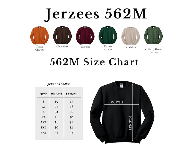 K&ouml;nnte beinhalten: Gr&ouml;&szlig;entabelle f&uuml;r Jerzees 562M Sweatshirts. Die Tabelle zeigt die Breite und L&auml;nge in Zoll f&uuml;r die Gr&ouml;&szlig;en S bis 4XL. Die Sweatshirt-Farben sind Texas Orange, Schokolade, Rotbraun, Waldgr&uuml;n, Sandstein und Milit&auml;rgr&uuml;n meliert.