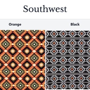 four different patterns or designs, each with a color associated with it: Green, Orange, Black, and Teal.