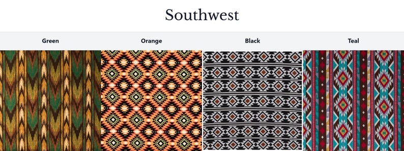 four different patterns or designs, each with a color associated with it: Green, Orange, Black, and Teal.