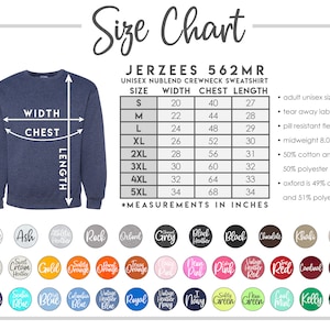 May include: Size chart for a unisex crewneck sweatshirt in various sizes, from small to 5XL. The chart shows the width, chest, and length measurements in inches. The sweatshirt is made of a blend of cotton and polyester.