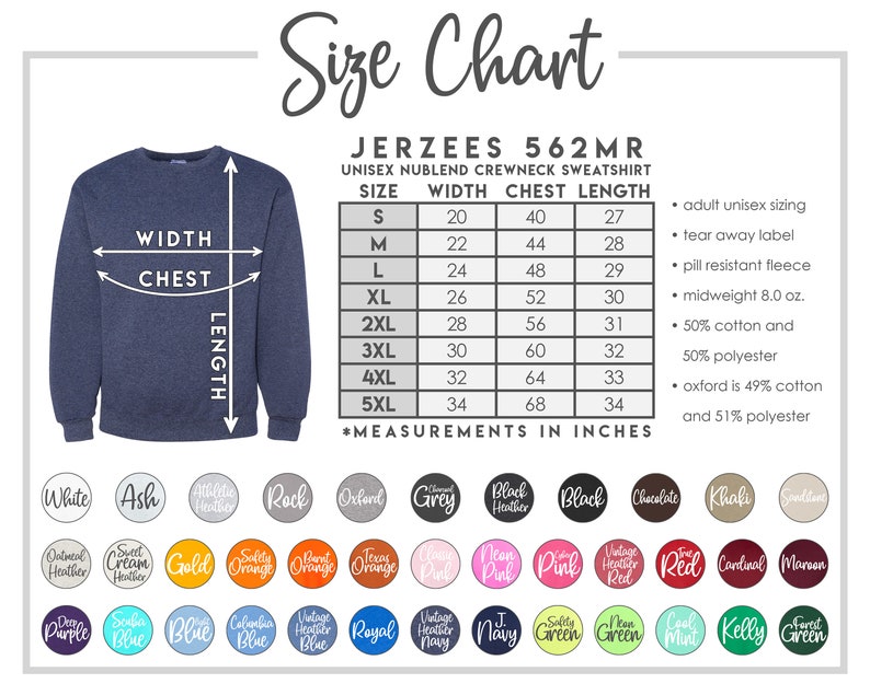 May include: Size chart for a unisex crewneck sweatshirt in various sizes, from small to 5XL. The chart shows the width, chest, and length measurements in inches. The sweatshirt is made of a blend of cotton and polyester.