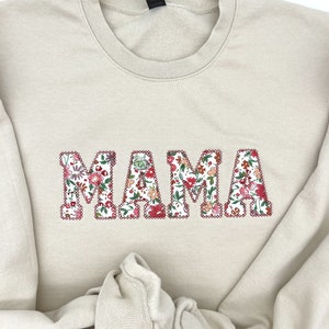 Mama Sweatshirt | Custom Embroidered Pink Floral Mama Sweatshirt |  Raggy Embroidery Mama Sweatshirt | Mama Gift | Crewneck | Mothers Day