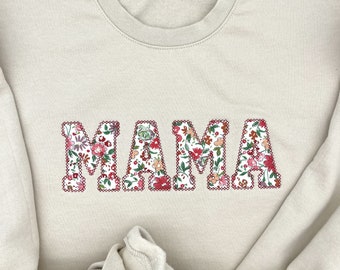 Mama Sweatshirt | Custom Embroidered Pink Floral Mama Sweatshirt |  Raggy Embroidery Mama Sweatshirt | Mama Gift | Crewneck | Mothers Day