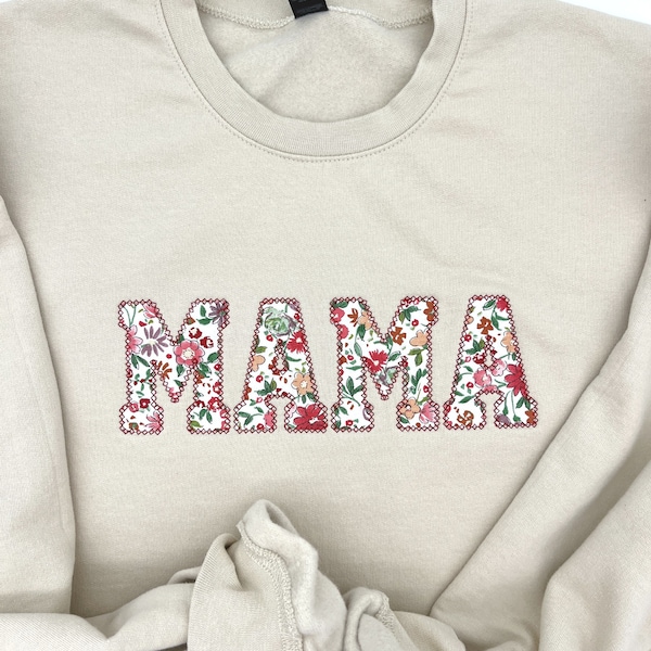 Mama Sweatshirt | Custom Embroidered Pink Floral Mama Sweatshirt |  Raggy Embroidery Mama Sweatshirt | Mama Gift | Crewneck | Mothers Day