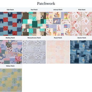 The image is a collage of various patchwork designs, including USA patches, teal patches, animal patches, pink patches, medley patches, monochrome patches, peach patches, denim patches, and yellow patches.