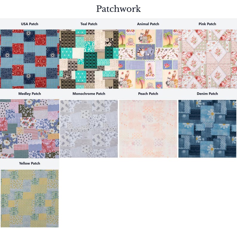 The image is a collage of various patchwork designs, including USA patches, teal patches, animal patches, pink patches, medley patches, monochrome patches, peach patches, denim patches, and yellow patches.