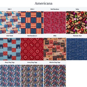 a collection of nine fabric swatches, each featuring different patterns and designs related to Americana. The swatches include patriotic motifs such as the American flag, red bandanas, and patriotic text. The swatches also showcase various other patterns and designs, such as navy dog tags, army dog tags, and marine dog tags. The swatches are arranged in a grid format, with three rows and three columns, allowing for a clear and organized presentation of the different fabric designs.