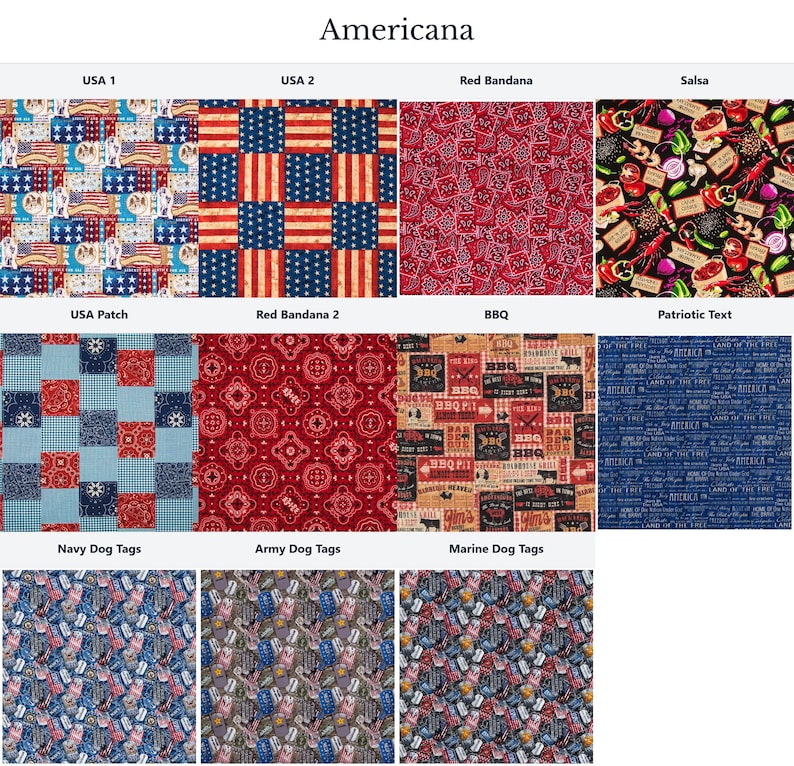 a collection of nine fabric swatches, each featuring different patterns and designs related to Americana. The swatches include patriotic motifs such as the American flag, red bandanas, and patriotic text. The swatches also showcase various other patterns and designs, such as navy dog tags, army dog tags, and marine dog tags. The swatches are arranged in a grid format, with three rows and three columns, allowing for a clear and organized presentation of the different fabric designs.