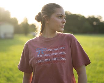 Embroidered American Flag Bow T-Shirt: Comfort Colors Patriotic Tee