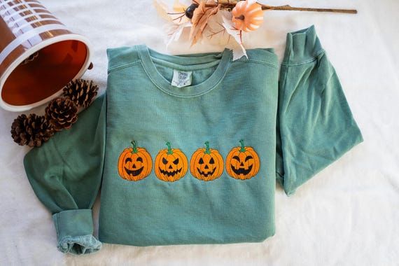 Embroidered Pumpkin Sweatshirt, Comfort Colors Fall Crewneck