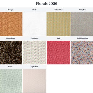 a collection of nine different floral patterns, each with a unique color scheme and design. The patterns include orange, white, yellow/blue, pink/blue, green, light pink, and red. The images showcase a variety of colors and styles, providing a diverse selection for potential customers or designers to choose from.