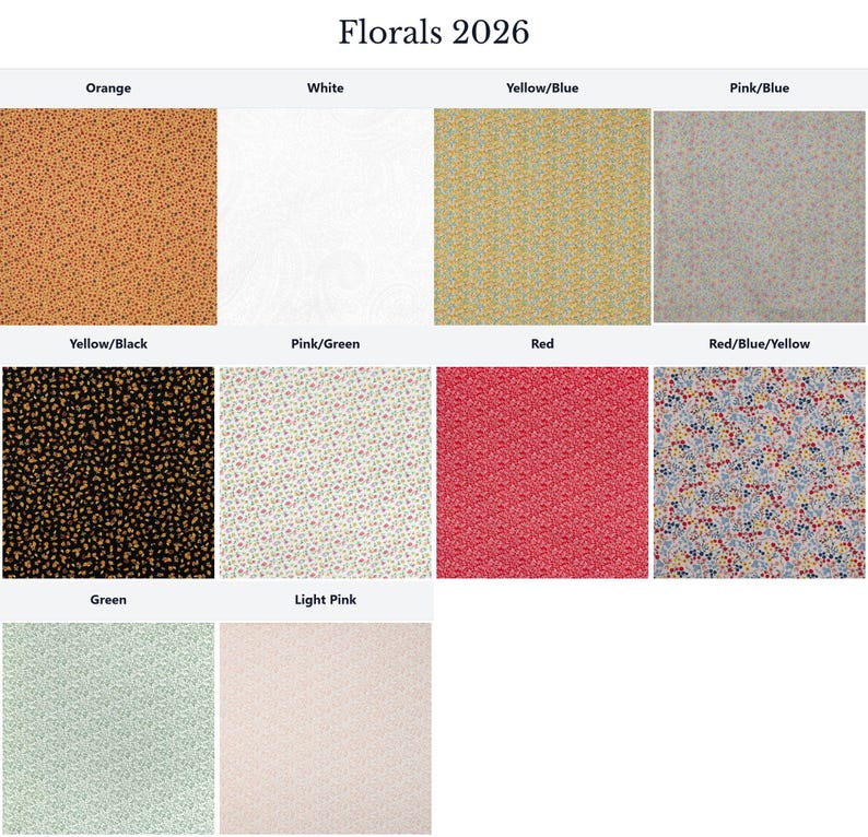 a collection of nine different floral patterns, each with a unique color scheme and design. The patterns include orange, white, yellow/blue, pink/blue, green, light pink, and red. The images showcase a variety of colors and styles, providing a diverse selection for potential customers or designers to choose from.