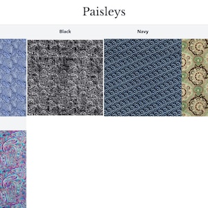 four different paisley patterns, each with a different color and intensity. The colors are Light Blue, Black, Navy, and Green, and the intensity levels are described as "Intense" and "Light Blue".