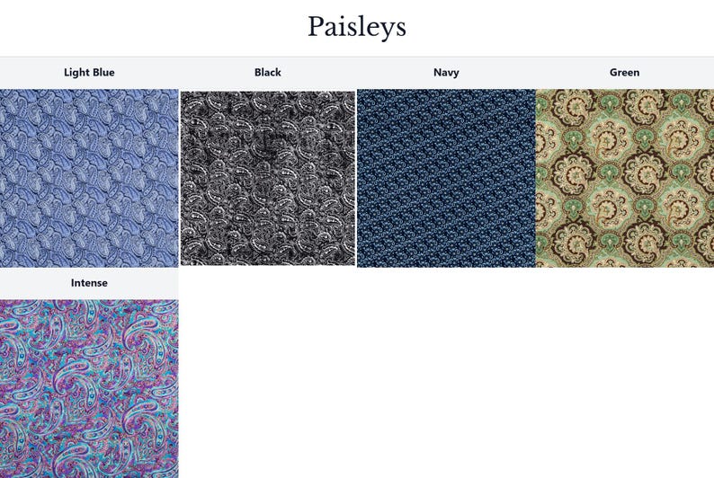 four different paisley patterns, each with a different color and intensity. The colors are Light Blue, Black, Navy, and Green, and the intensity levels are described as "Intense" and "Light Blue".