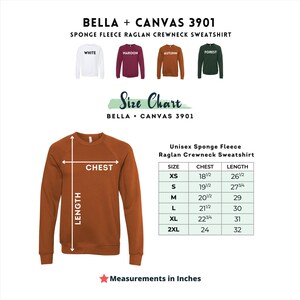 K&ouml;nnte beinhalten: Gr&ouml;&szlig;entabelle f&uuml;r ein Unisex-Sweatshirt mit Raglan-&Auml;rmeln aus Schwammfleece von Bella + Canvas 3901. Die Tabelle zeigt Brust- und L&auml;ngenma&szlig;e in Zoll f&uuml;r die Gr&ouml;&szlig;en XS, S, M, L, XL und 2XL.
