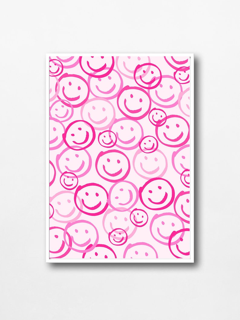 Pink Preppy Smiley Wall Art, Dorm room decor, pink room decor, digital art print, printable art