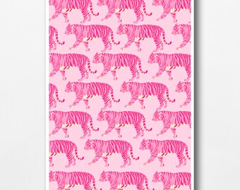 Preppy muurkunst Pink Tiger: trendy decor slaapzaal (digitale download)