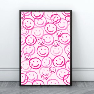 Pink Preppy Smiley Wall Art, Dorm room decor, pink room decor, digital art print, printable art