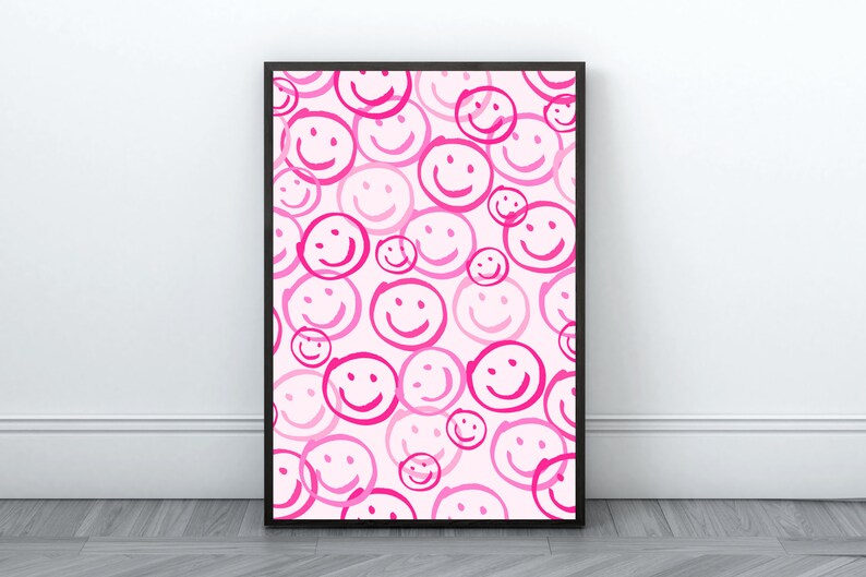 Pink Preppy Smiley Wall Art, Dorm room decor, pink room decor, digital art print, printable art