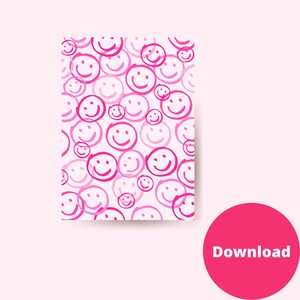Pink Preppy Smiley Wall Art, Dorm room decor, pink room decor, digital art print, printable art