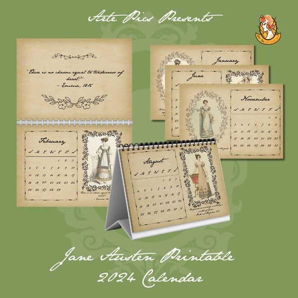 Jane Austen Printable 2024 Calendar Digital Downloads | Quotes: Sense and Sensibility, Pride and Prejudice, Emma, Persuasion, Mansfield Park