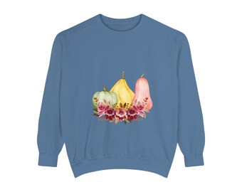 Unisex-sweater, sweater pompoen, sweater bloemenpompoen, sweater aquarel pompoen, herfstsweater