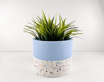 Handmade Terrazzo Planter Pot - Heat-Resistant, Sealed With Beeswax - Light Blue Elegance