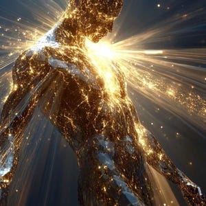 Może przedstawiać: Złota, świecąca postać ludzka z jasnym światłem emanującym z jej klatki piersiowej. Postać otoczona jest ciemnoniebieskim tłem z pasmami światła.