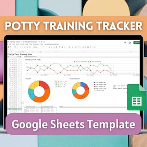 May include: A laptop computer screen displaying a Google Sheets spreadsheet template for tracking potty training progress. The spreadsheet includes charts and graphs showing trends over time, daily and yesterday's potty training stats. The text "Potty Training Tracker" is displayed in a large font at the top of the screen. The text "Google Sheets Template" is displayed at the bottom of the screen.