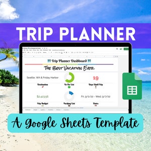 May include: A Google Sheets template for trip planning. The template includes a dashboard with sections for destination, to-do list, days until trip, trip budget, packing list, and dates. The template is titled "Trip Planner Dashboard" and "The Best Vacation Ever".
