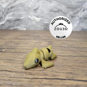May include: A segmented, light green toy lizard with black eyes and articulated joints. The toy is lying on a wooden surface. A white circular sticker with the text "AUTHORIZED ZOU3D SELLER" is in the background.