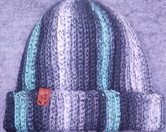 CROCHET HAT Grey/Mint Stripes - Size M/L (56 - 59 cm)