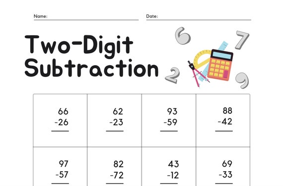 Two Digit Subtraction Worksheet | Etsy