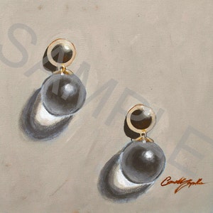 May include: A pair of gold earrings with large black pearl drops. The earrings are painted on a canvas background.
