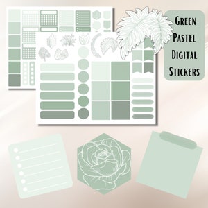 Könnte beinhalten: Ein Satz grüner und weißer digitaler Sticker mit verschiedenen Formen, darunter Kreise, Quadrate, Rechtecke und ein Hexagon. Die Sticker enthalten auch florale Designs und ein Blattmotiv. Der Text "GREEN PASTEL DIGITAL STICKERS" wird in der oberen rechten Ecke angezeigt.